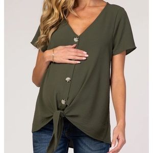 New light olive button tie front maternity top